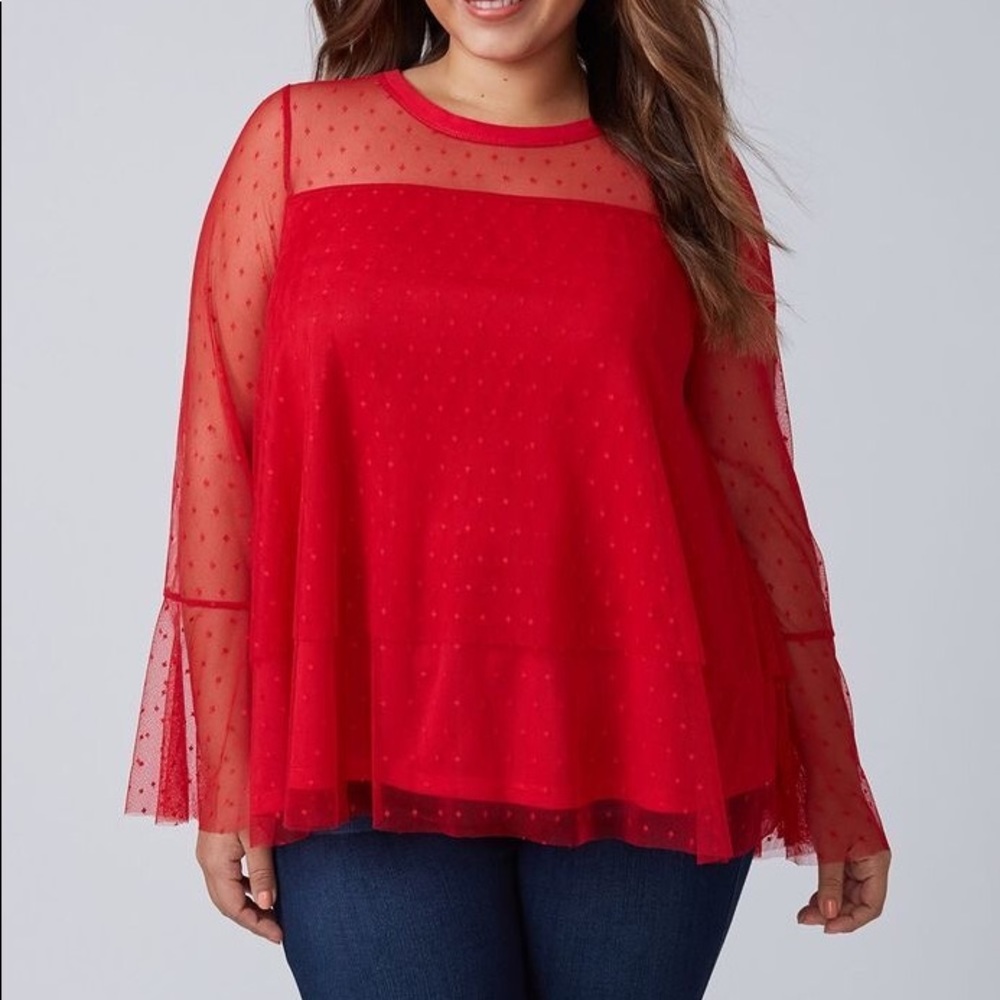 Lane Bryant Red Mesh Flare Sleeve Blouse 18/20